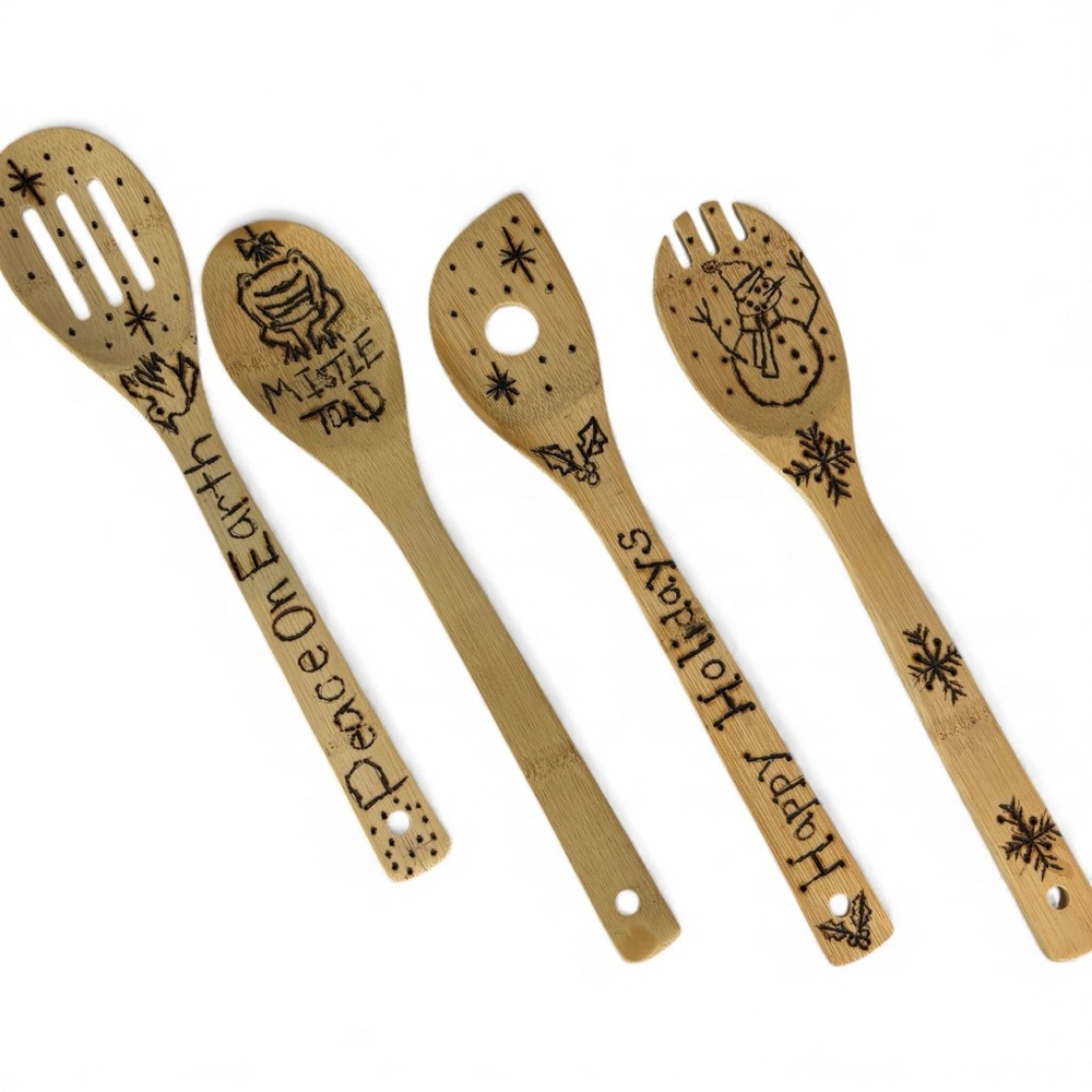 Handmade Wood-Burned Bamboo Spoon Set —  (Set of 4) One of a‎ Kind Gift